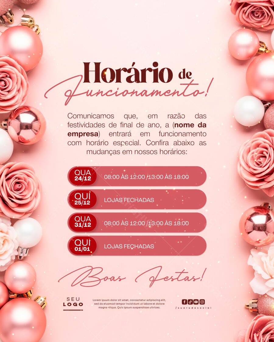 Flyer Horário de Funcionamento Festas de Fim de Ano PSD Editável