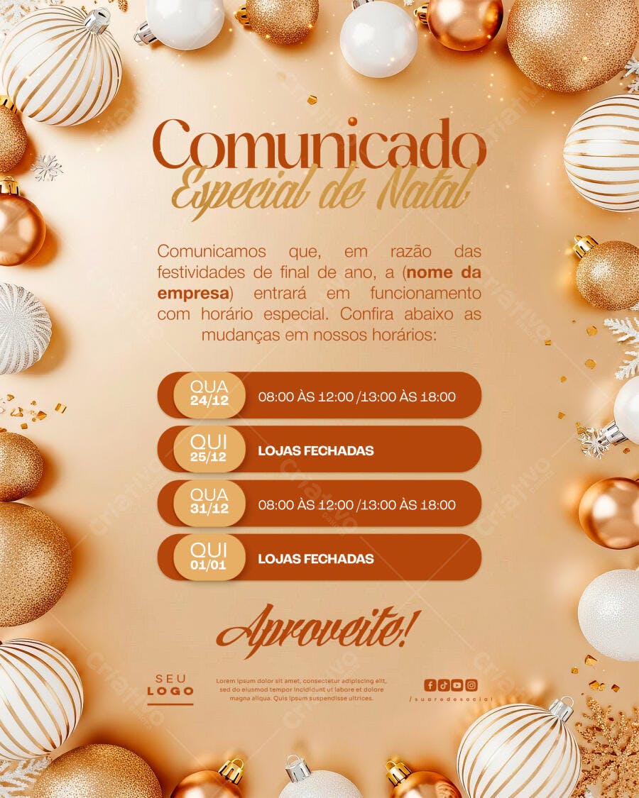 Comunicado de Natal Horário Especial PSD Editável