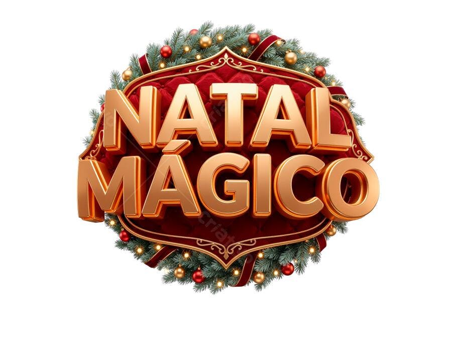 Selo 3D Natal Mágico dourado metalizado com veludo vermelho e guirlanda festiva