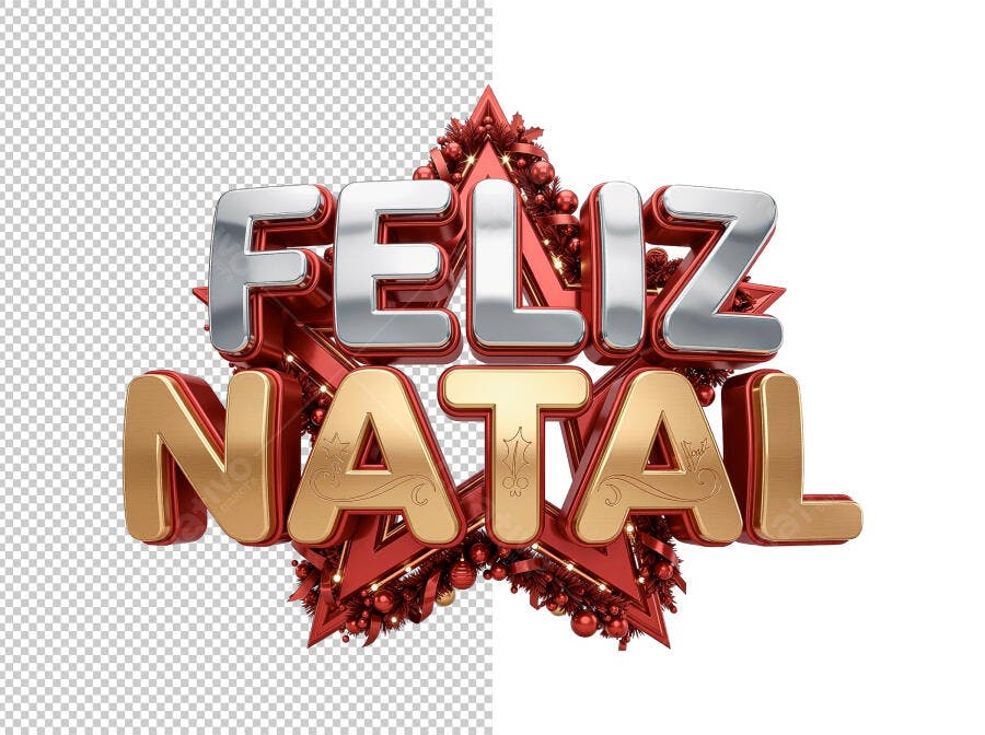 Selo 3D de Natal festivo metalizado dourado e prata com estrela vermelha