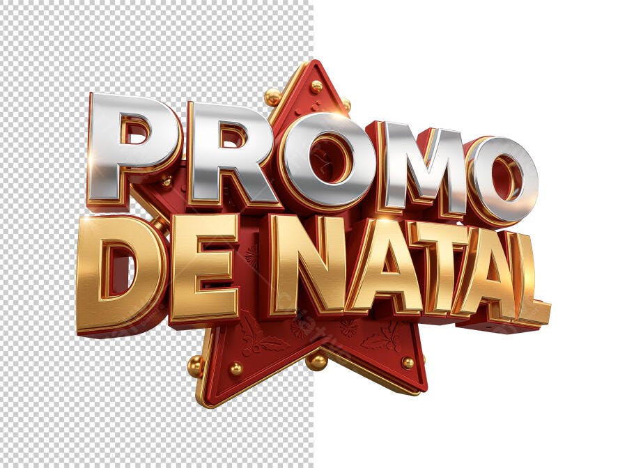 Selo 3D de promoção natalina metalizado prata dourado e vermelho estrela