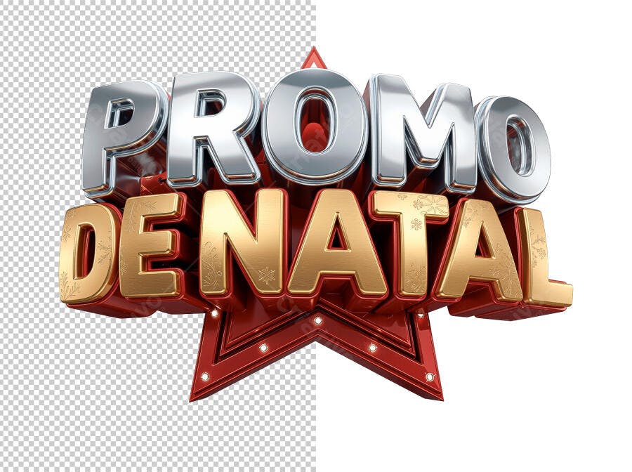 Selo 3D de promoção natalina metalizado prata dourado estrela brilhante
