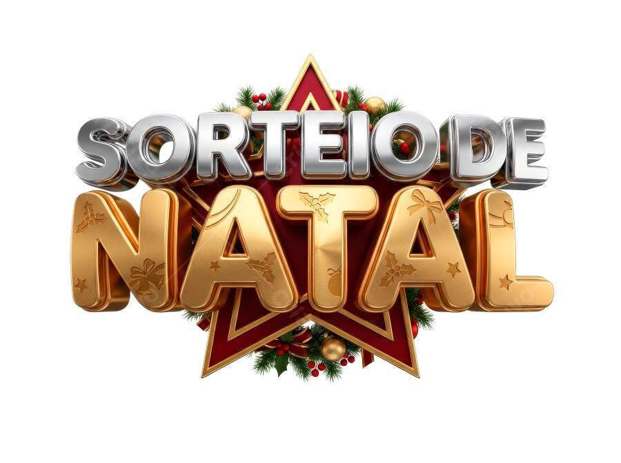 Selo 3D de sorteio de Natal metalizado dourado e prateado com estrela festiva