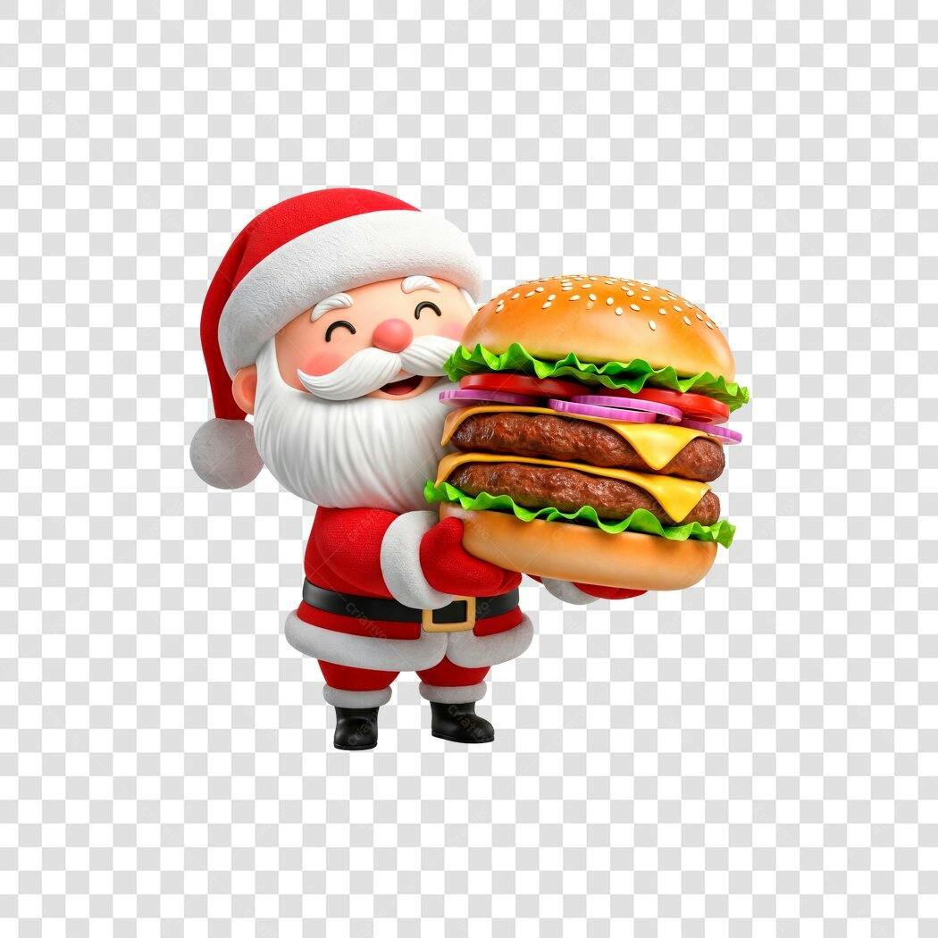 Ilustração 3D Papai Noel com Hambúrguer Duplo Natalino PNG com fundo transparente
