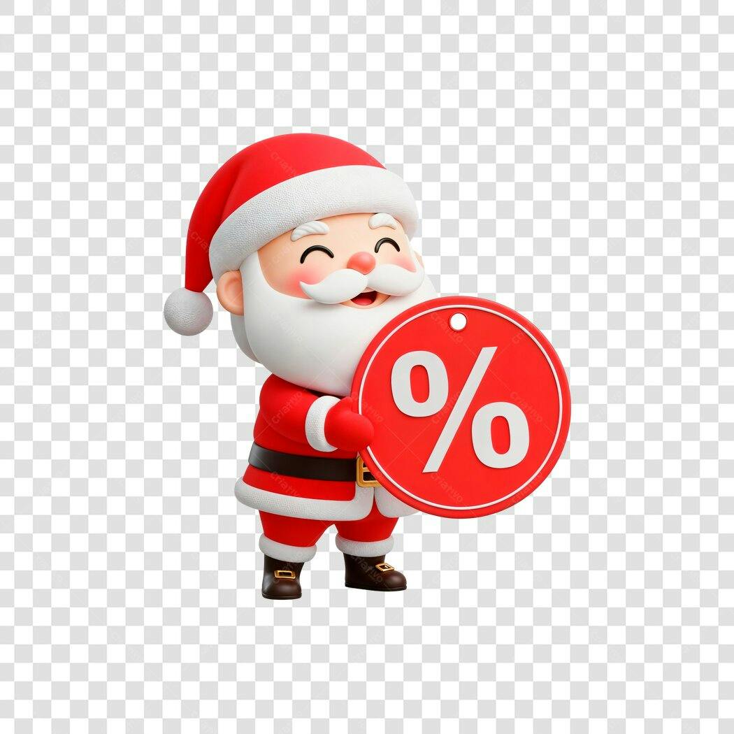 Ilustração 3D Papai Noel vermelho e branco segurando placa de desconto PNG com fundo transparente