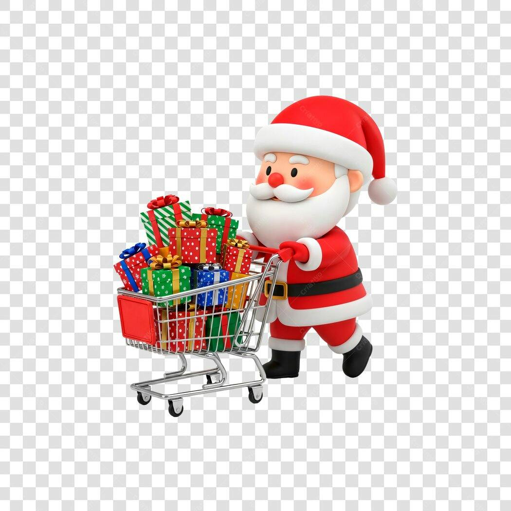 Personagem 3D Papai Noel vermelho branco empurrando carrinho de compras presentes Natal PNG com fundo transparente