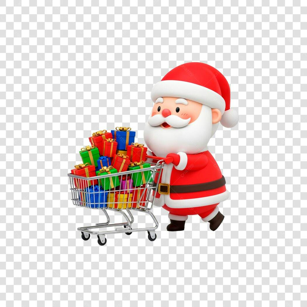 Elemento Gráfico Papai Noel natalino com presentes e carrinho de compras PNG fundo transparente