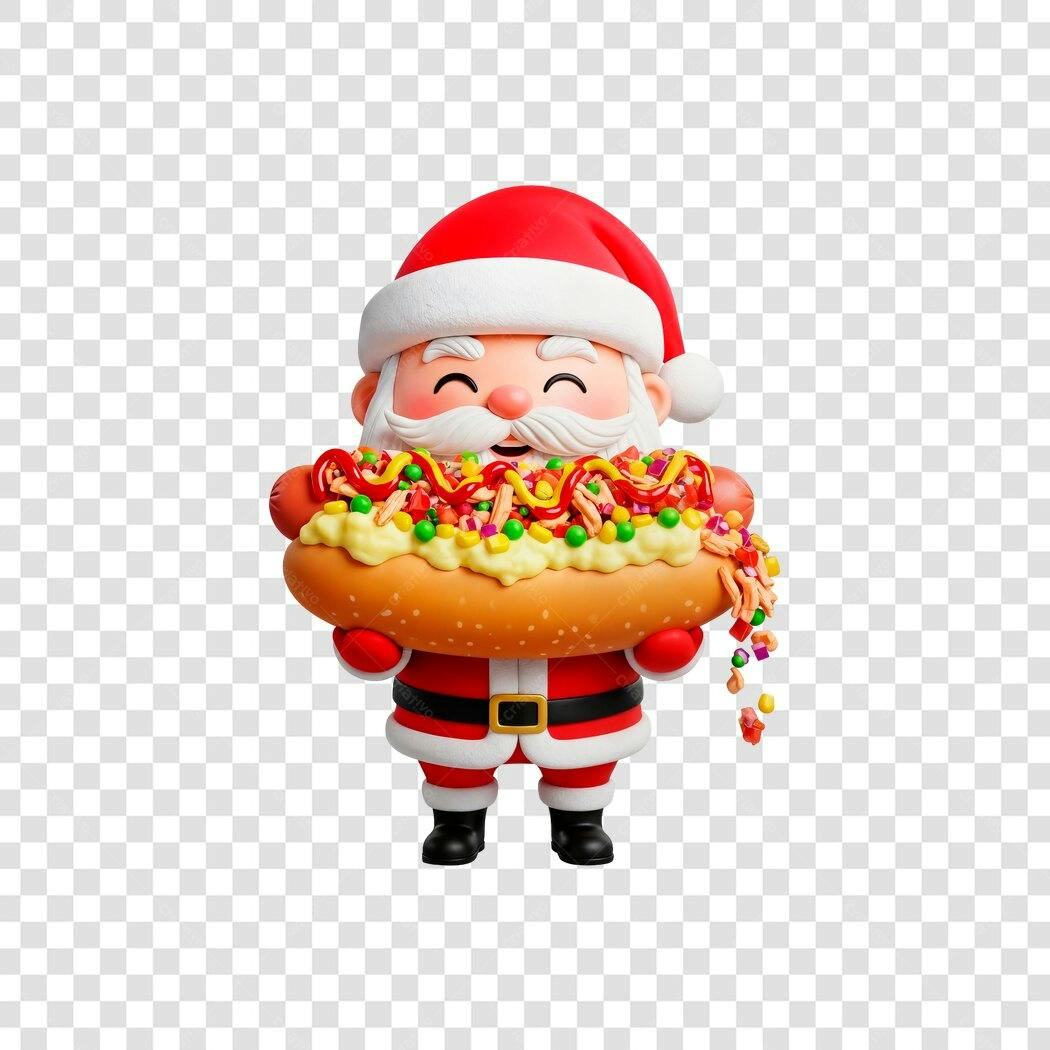 Ícone 3D Papai Noel com Hot Dog Gigante Festivo PNG com fundo transparente
