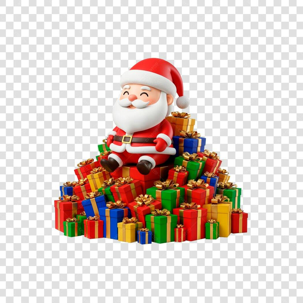 Ilustração Papai Noel sentado em pilha de presentes coloridos Natal PNG com fundo transparente