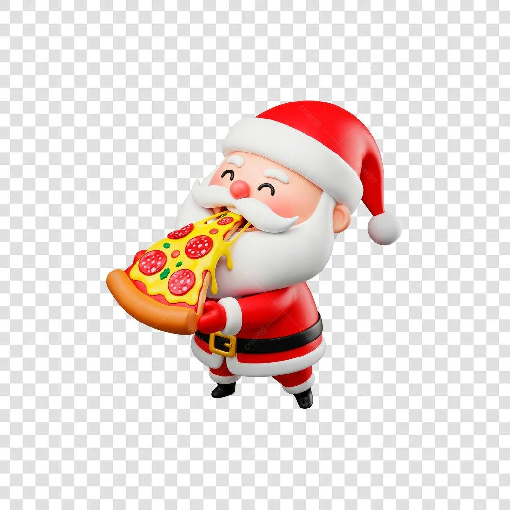 Ilustração 3D Papai Noel Vermelho comendo pizza Natal PNG com fundo transparente