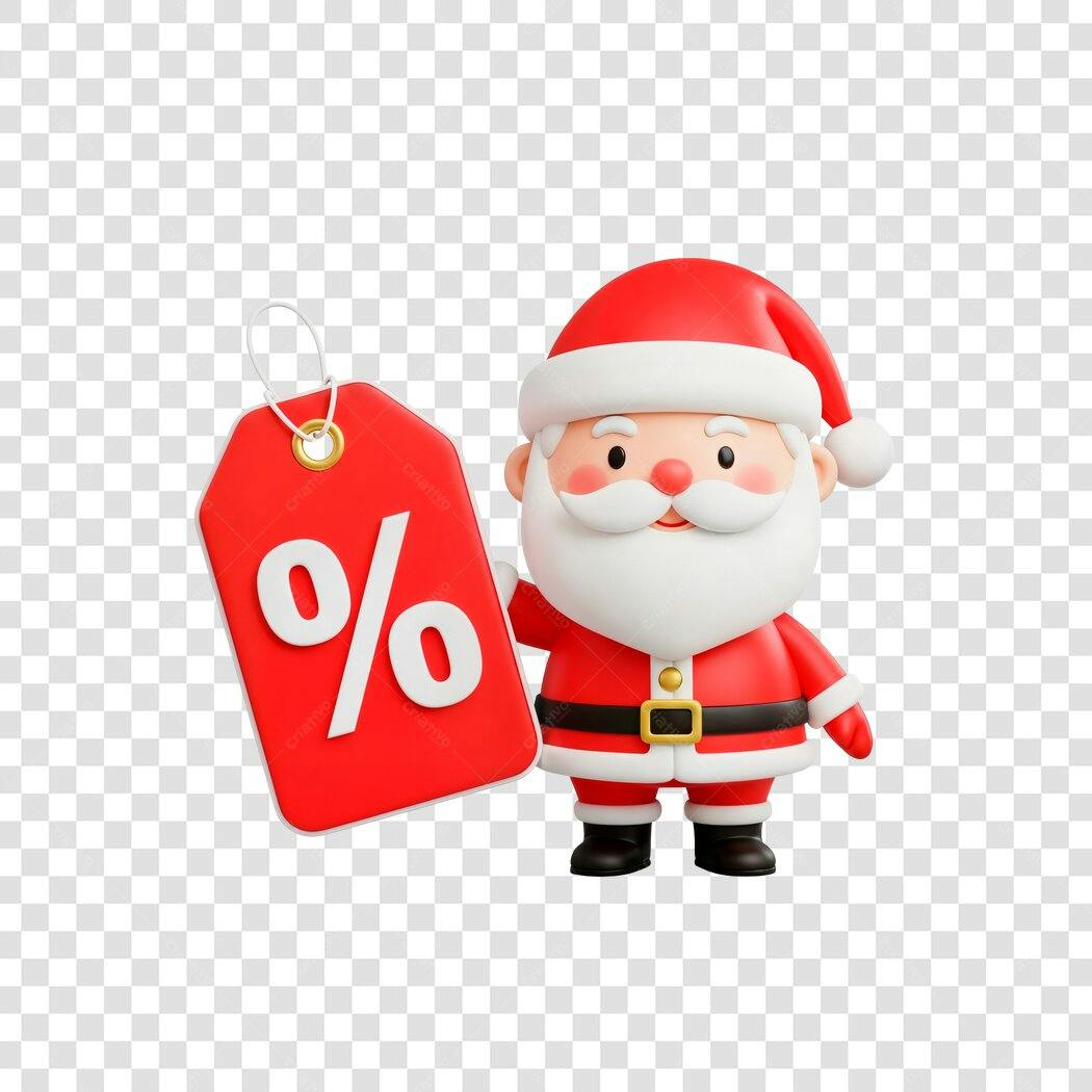 Ilustração 3D Papai Noel Natalino com Etiqueta de Desconto Vermelha PNG com fundo transparente