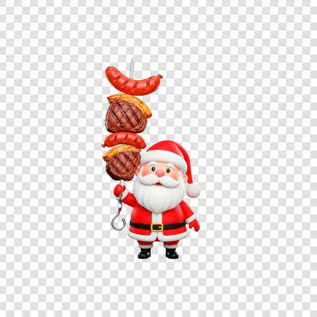 Ilustração 3D Papai Noel Churrasqueiro Natal com Espeto Carne Linguiça PNG com fundo transparente