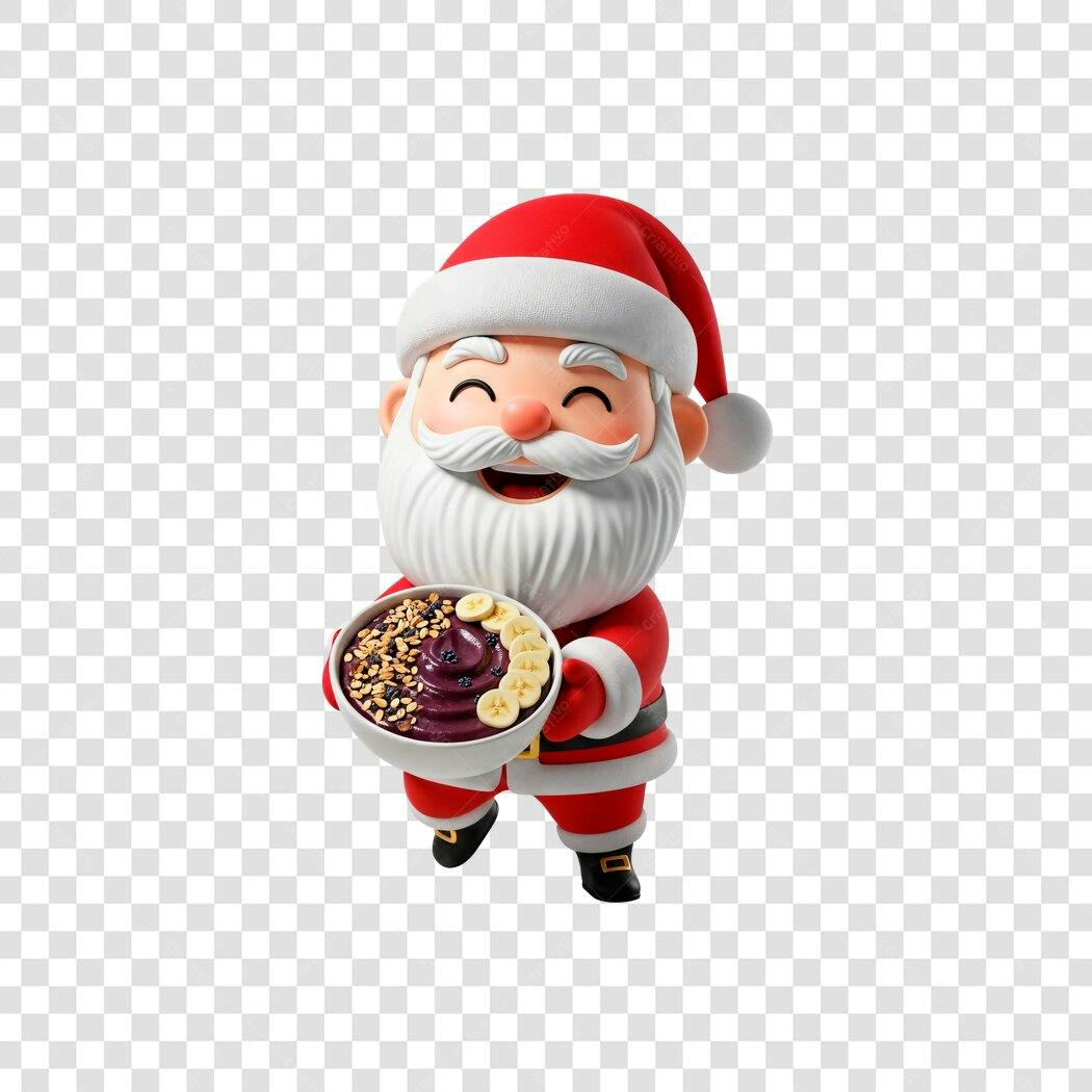 Personagem 3D Papai Noel feliz com tigela de açaí Natal PNG com fundo transparente