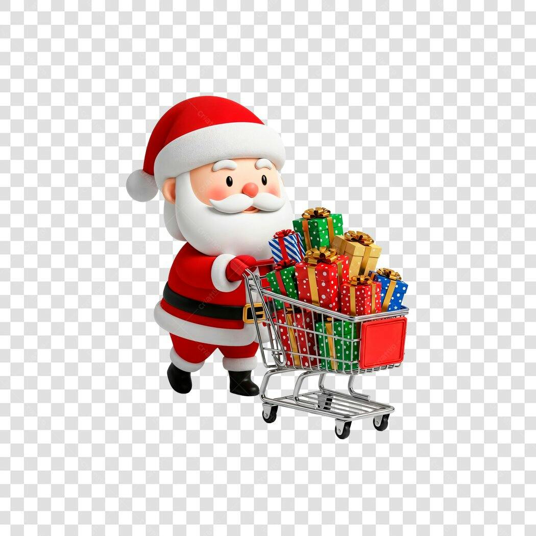 Ilustração Papai Noel 3D com Carrinho de Compras e Presentes Natalinos PNG com fundo transparente