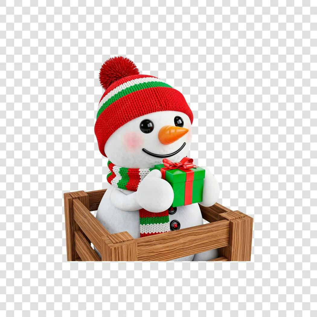 Elemento Natalino boneco de neve feliz com presente em caixa de madeira PNG com fundo transparente