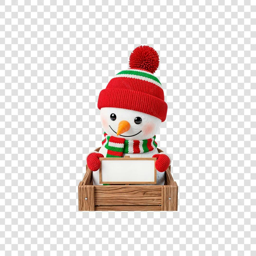 Ilustração Boneco de Neve Natal Inverno Gorro Vermelho Placa Branca em Caixa PNG com fundo transparente