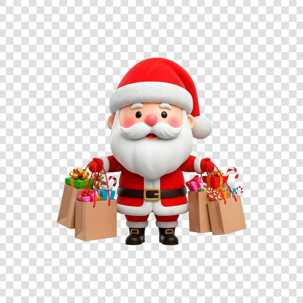 Ilustração 3D Papai Noel Vermelho com Sacolas de Presentes Natal PNG com fundo transparente