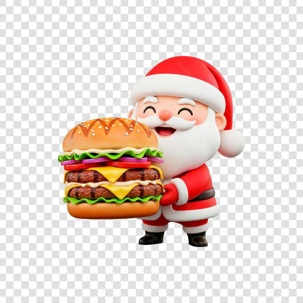 Mascote 3D Papai Noel Natal Vermelho e Branco com Hambúrguer Saboroso PNG Transparente