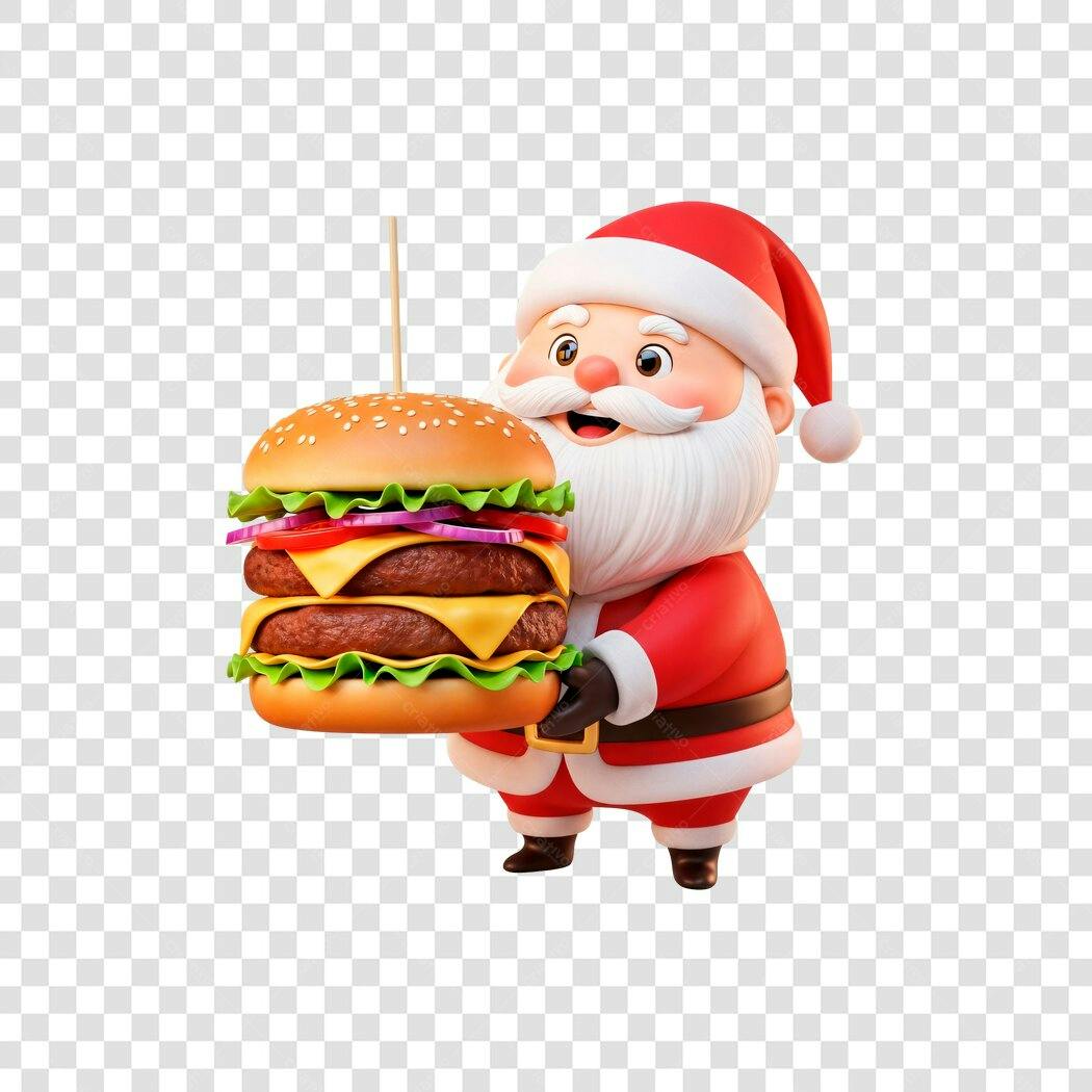 Ilustração 3D Papai Noel Segurando Hambúrguer Duplo Natal PNG com fundo transparente