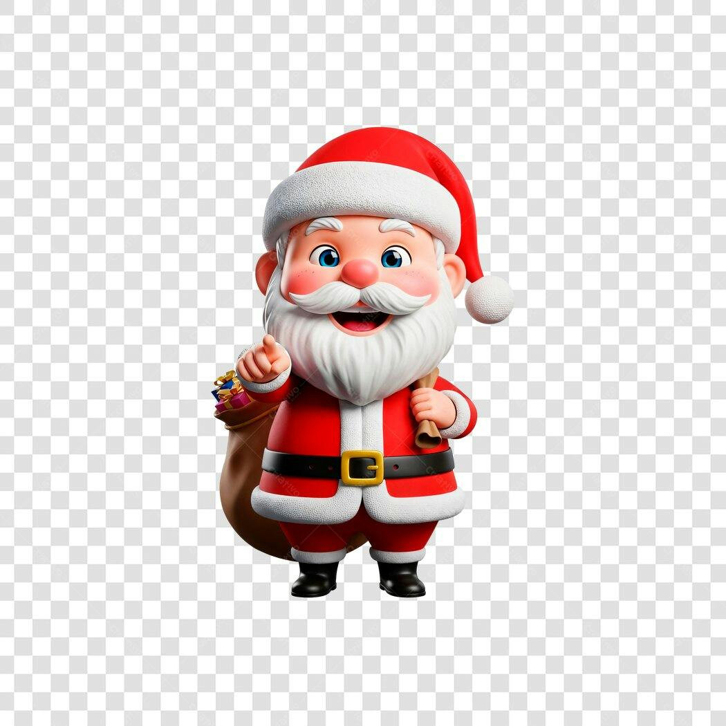 Personagem 3D Papai Noel vermelho com saco de presentes Natal PNG com fundo transparente