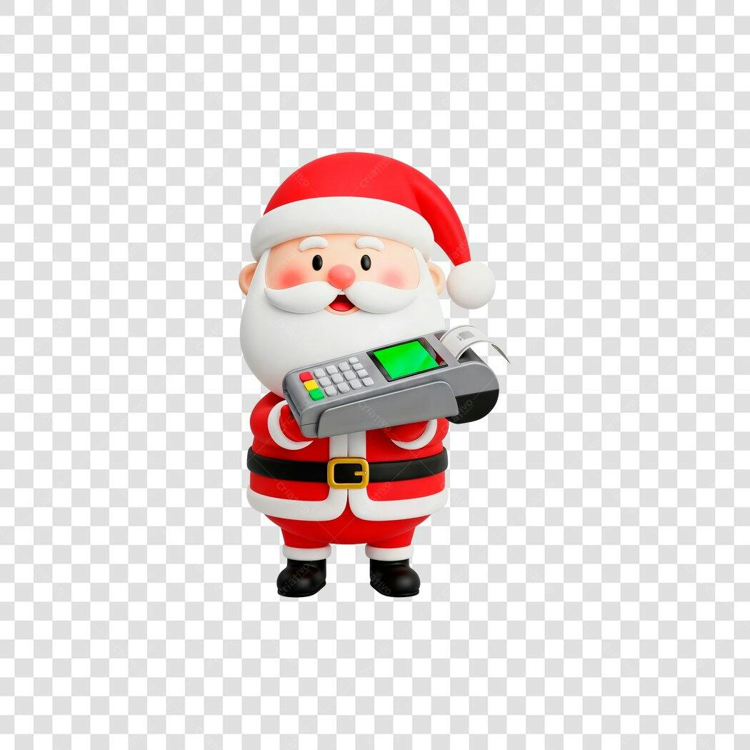 Ícone 3D Papai Noel com Máquina de Pagamento Natalino PNG com fundo transparente