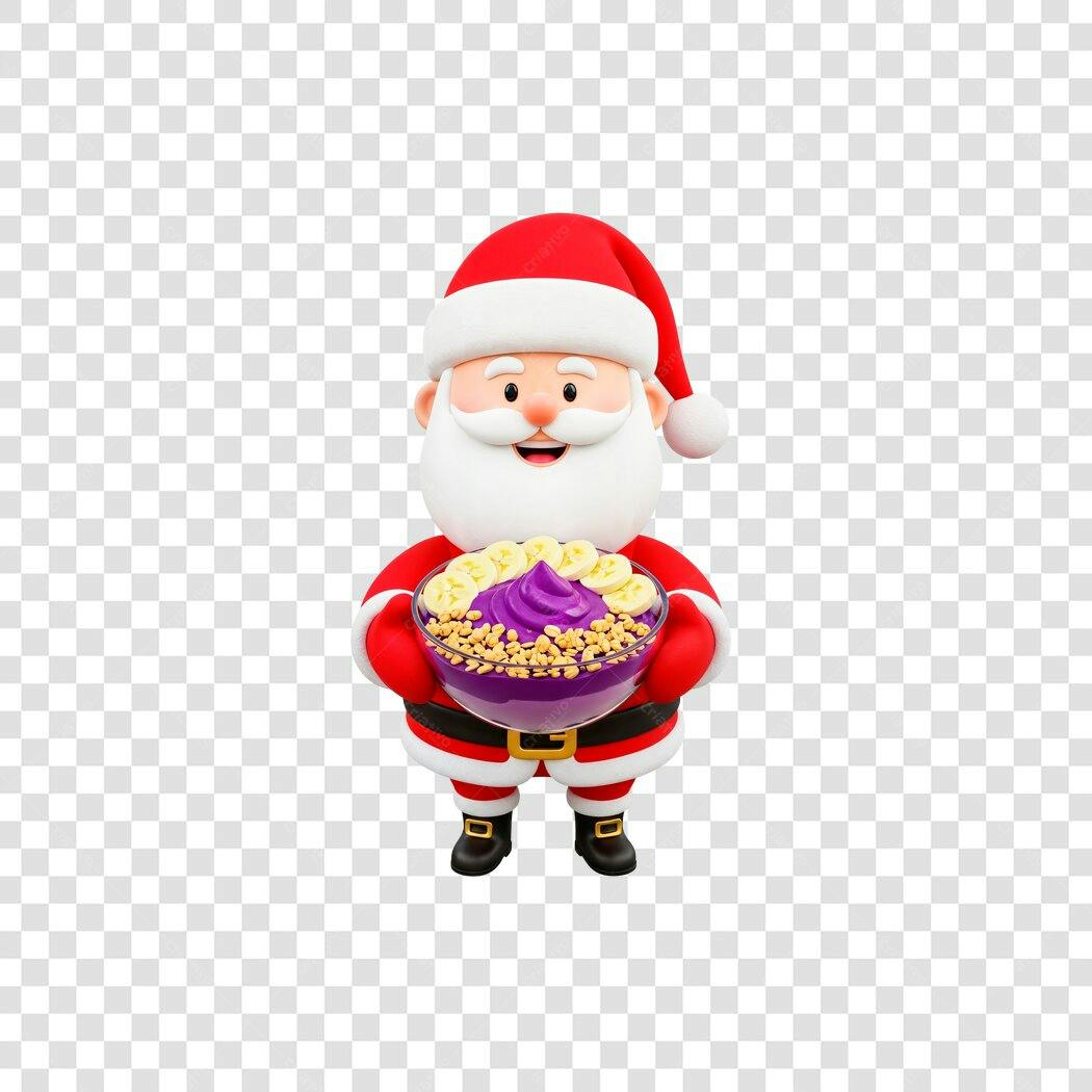 Ilustração 3D Papai Noel Natal Açaí Vermelho Branco com bowl de frutas PNG com fundo transparente