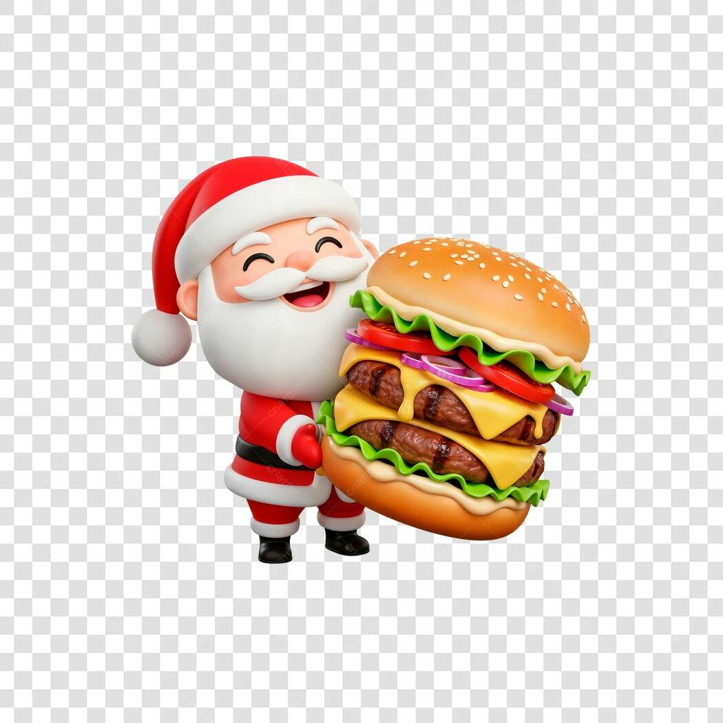 Ilustração 3D Papai Noel com hambúrguer gigante Natal festivo PNG com fundo transparente