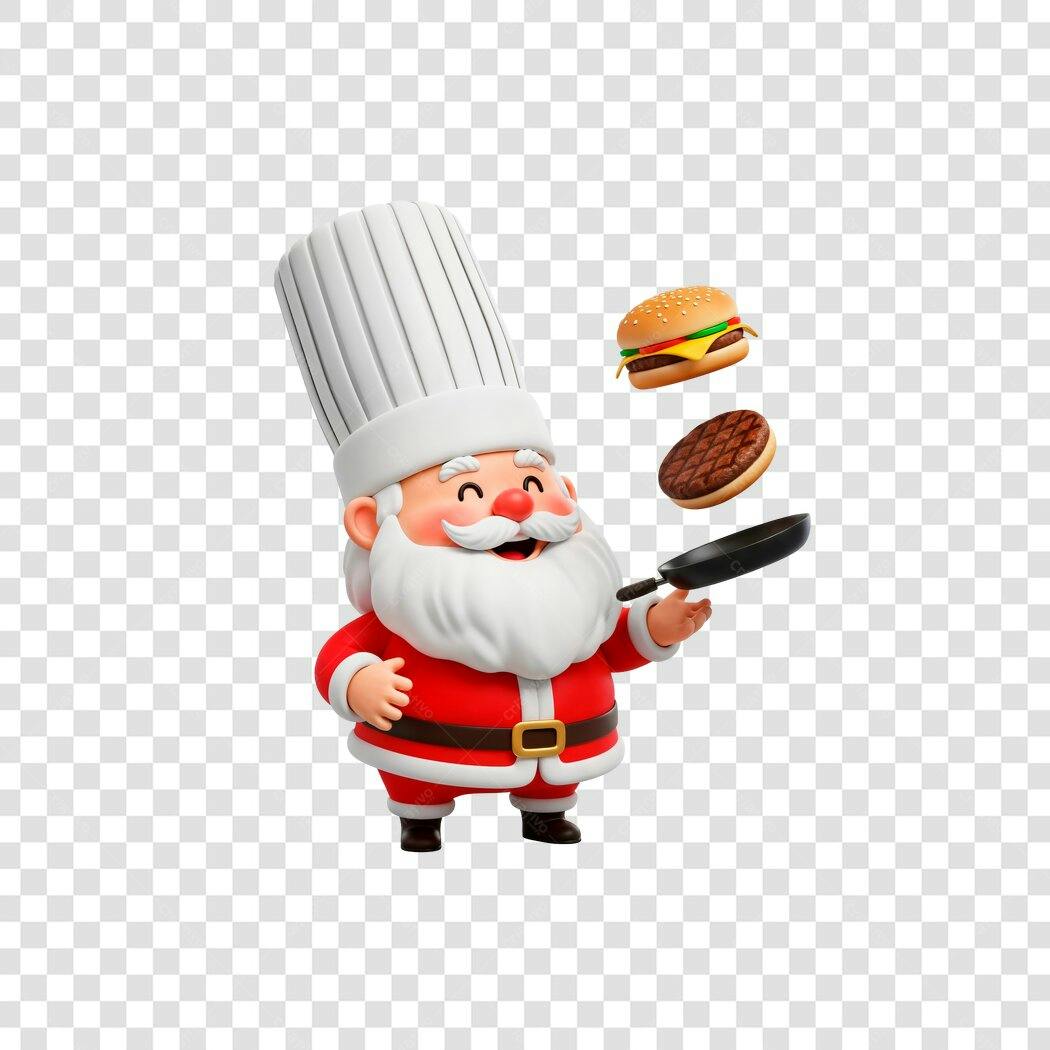 Personagem 3D Papai Noel Chef Cozinhando Hambúrguer Natal PNG com fundo transparente