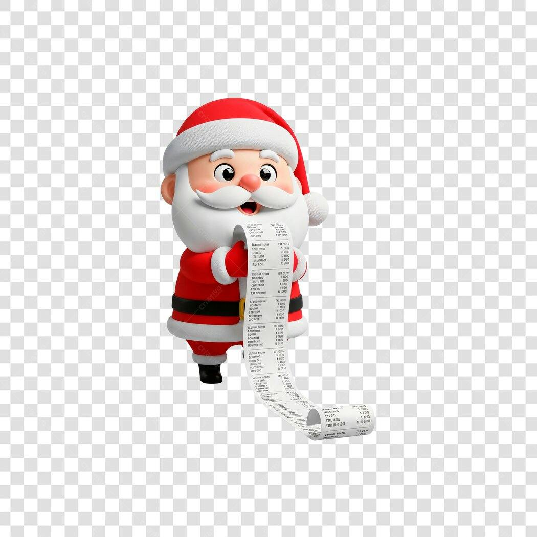 Elemento Grafico Papai Noel 3D segurando recibo de compras Natalino Vermelho PNG com fundo transparente