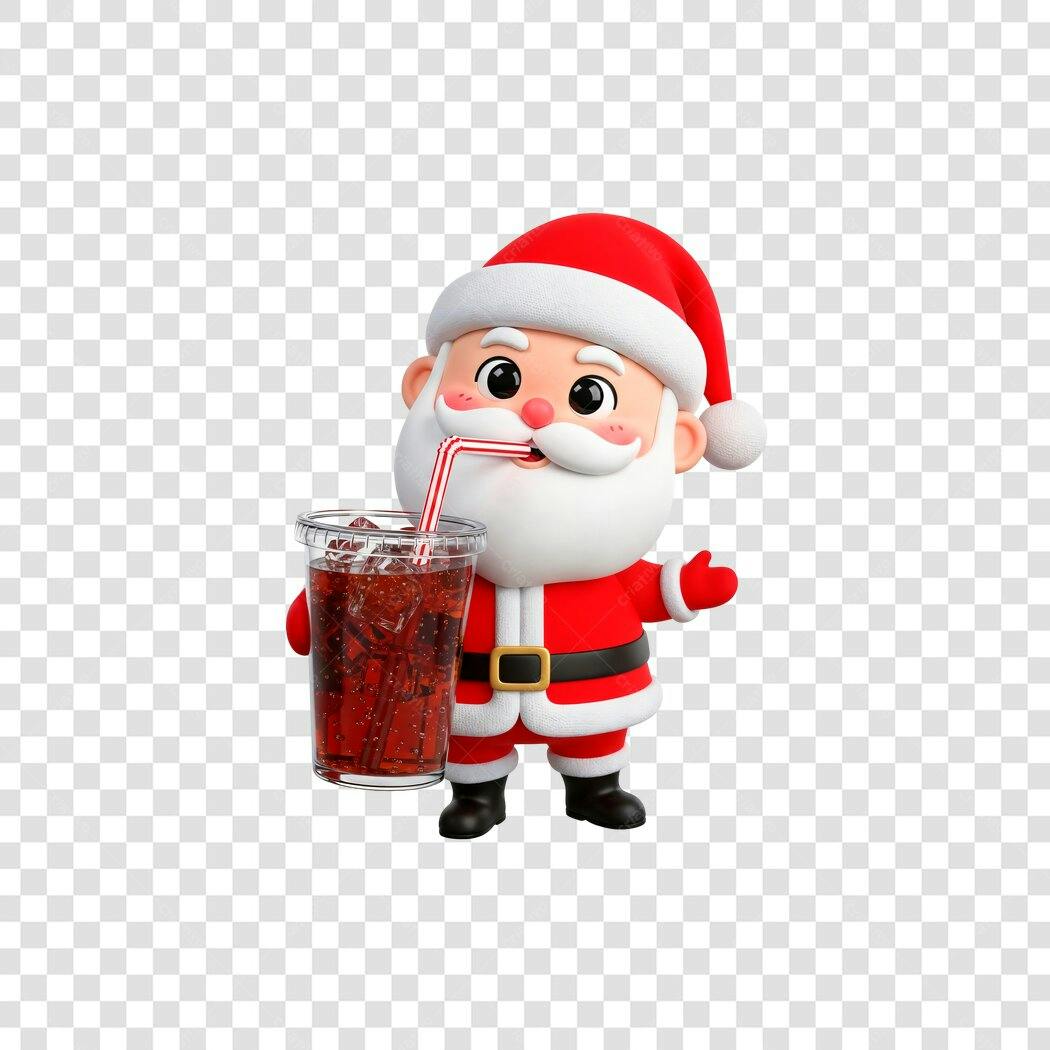 Ilustração 3D Papai Noel Fofo Bebendo Refrigerante Natal PNG com fundo transparente