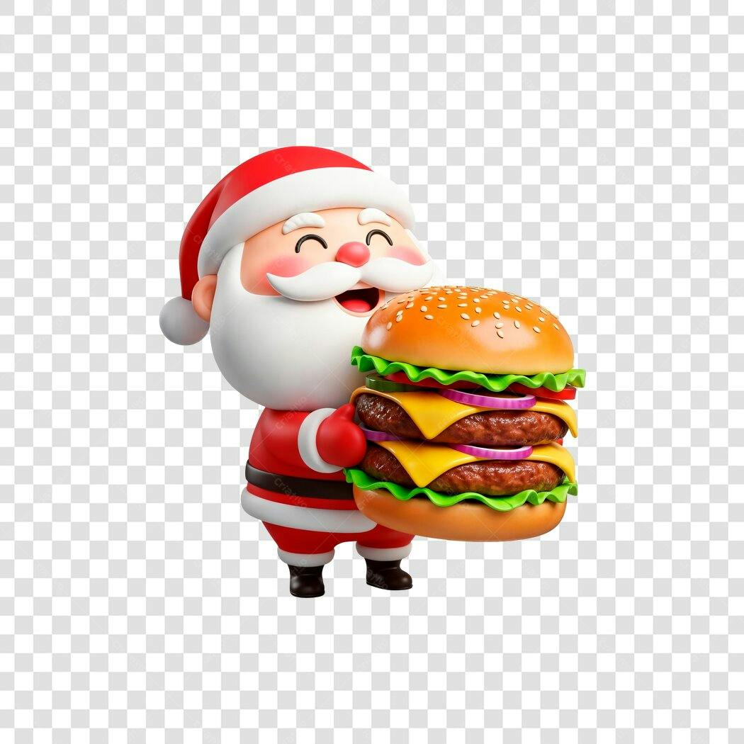 Ilustração 3D Papai Noel feliz com hambúrguer duplo Natal fast food PNG com fundo transparente