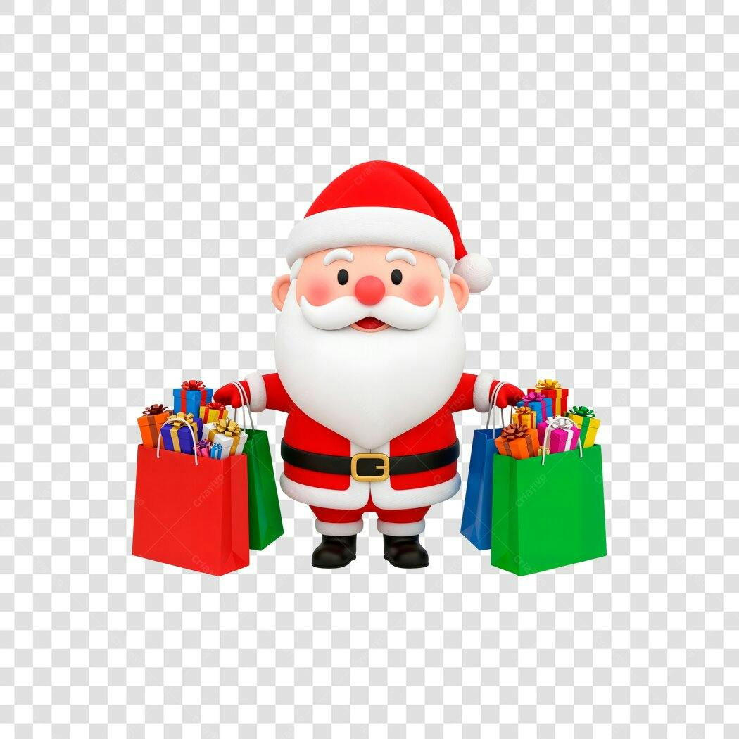 Personagem 3D Papai Noel Natal compras presentes sacolas coloridas PNG com fundo transparente