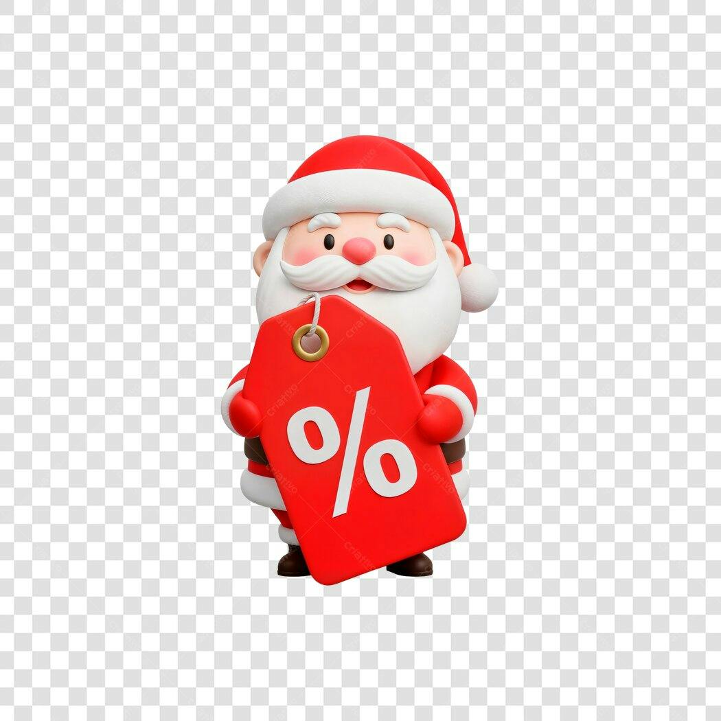 Mascote 3D Papai Noel festivo vermelho com tag de desconto PNG com fundo transparente