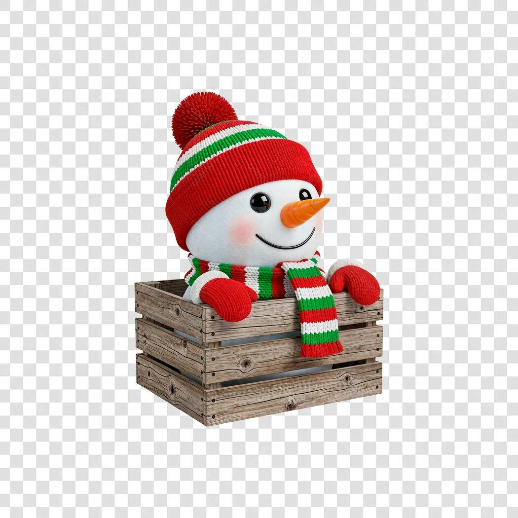 Mascote Natal Boneco Neve Caixa Madeira Vermelho Verde PNG com fundo transparente