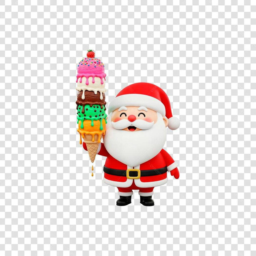Ilustração 3D Papai Noel feliz segurando sorvete gigante colorido Natal PNG com fundo transparente