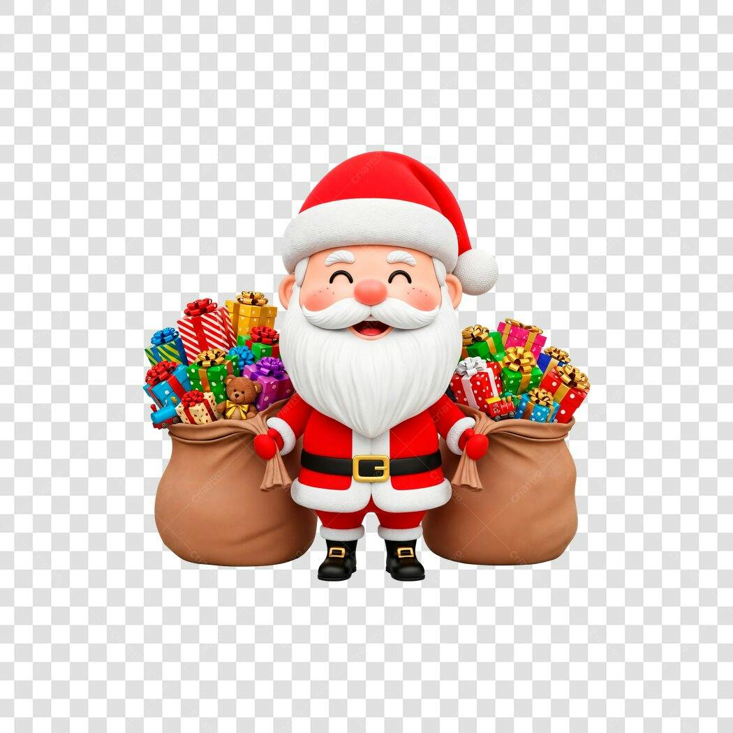 Ilustração 3D Papai Noel com sacos de presentes coloridos para Natal PNG com fundo transparente
