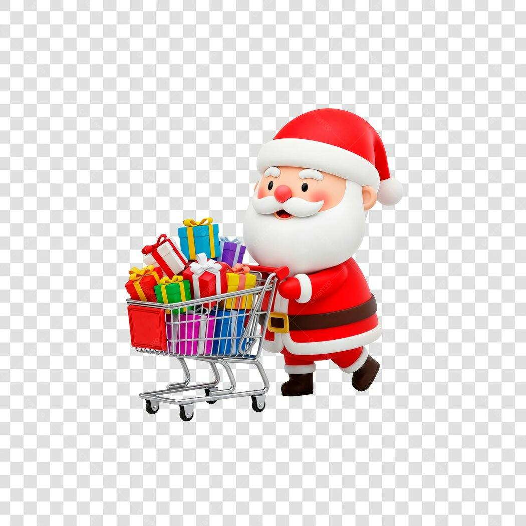 Ilustração 3D Papai Noel Carrinho de Compras Natal Presentes PNG com fundo transparente