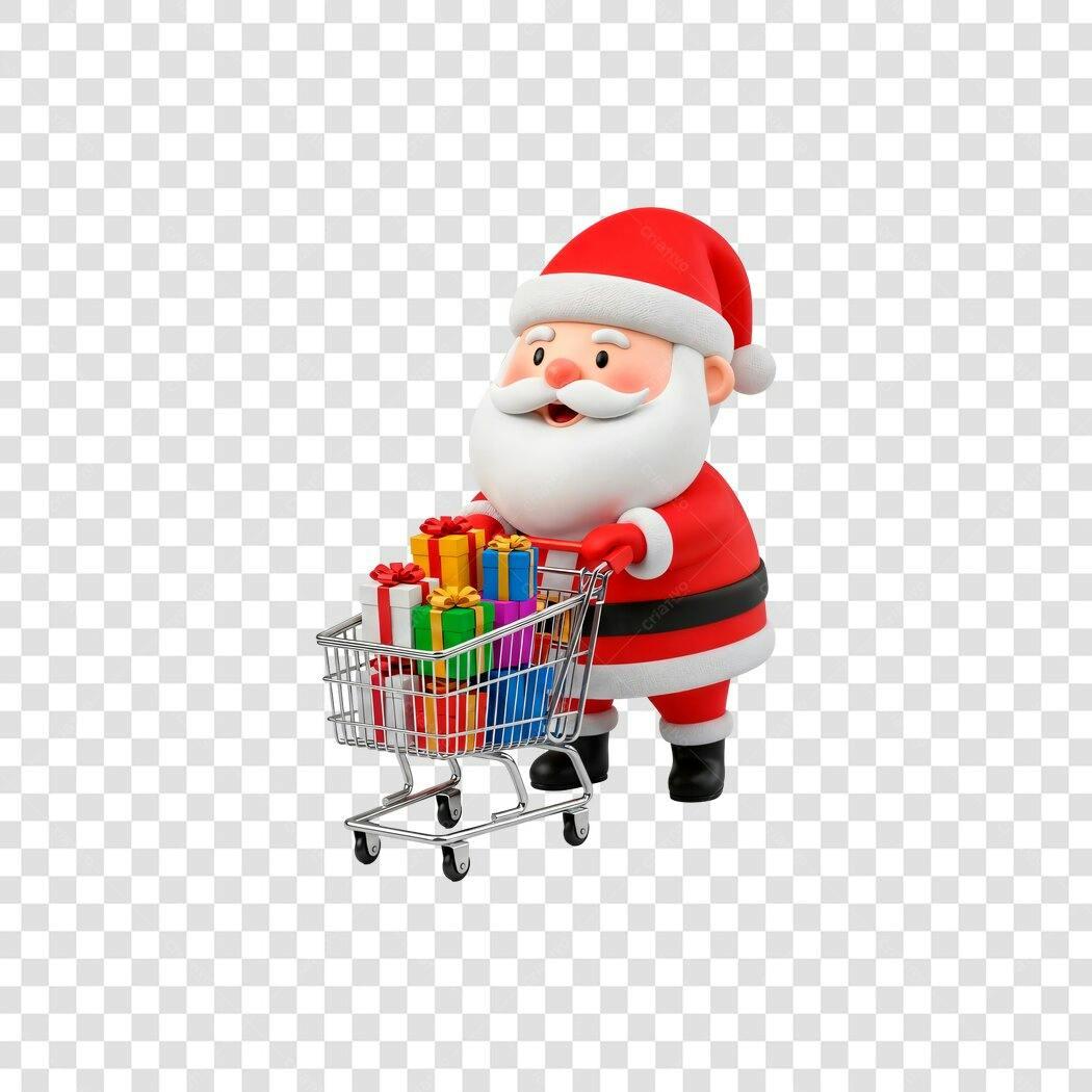 Personagem 3D Papai Noel com carrinho de compras e presentes Natal PNG com fundo transparente