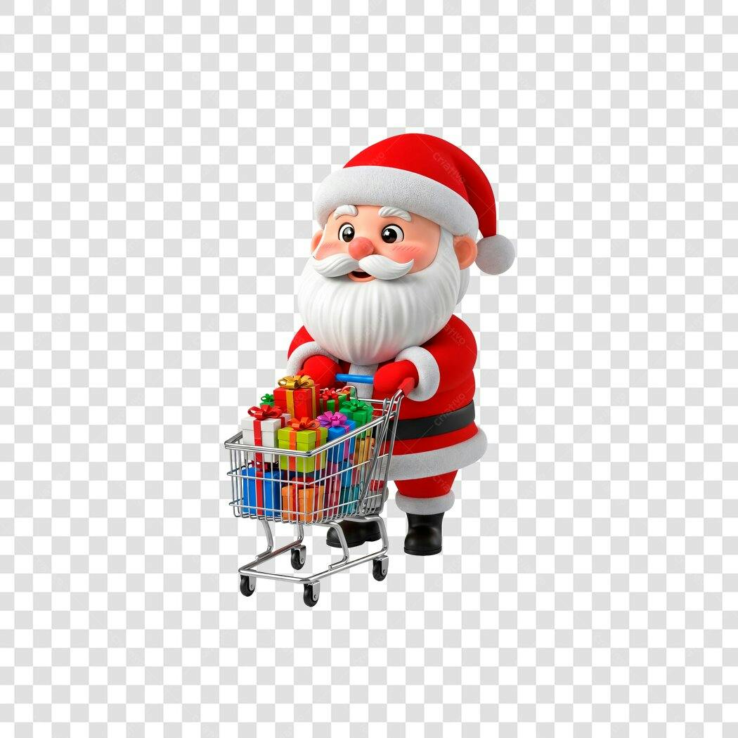 Ilustração 3D Papai Noel com carrinho de compras e presentes Natal PNG com fundo transparente