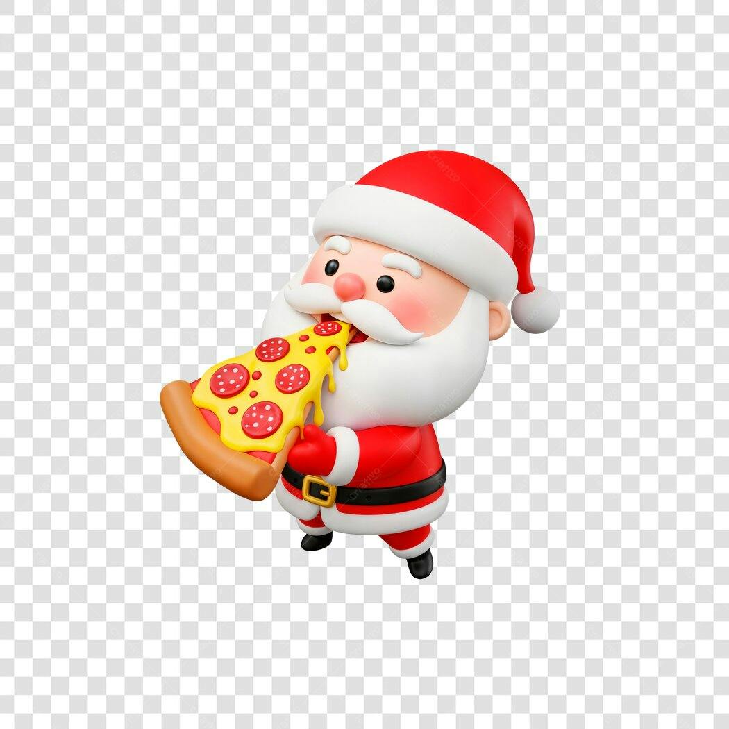 Ilustração Papai Noel 3D gordinho comendo pizza Natalina PNG com fundo transparente