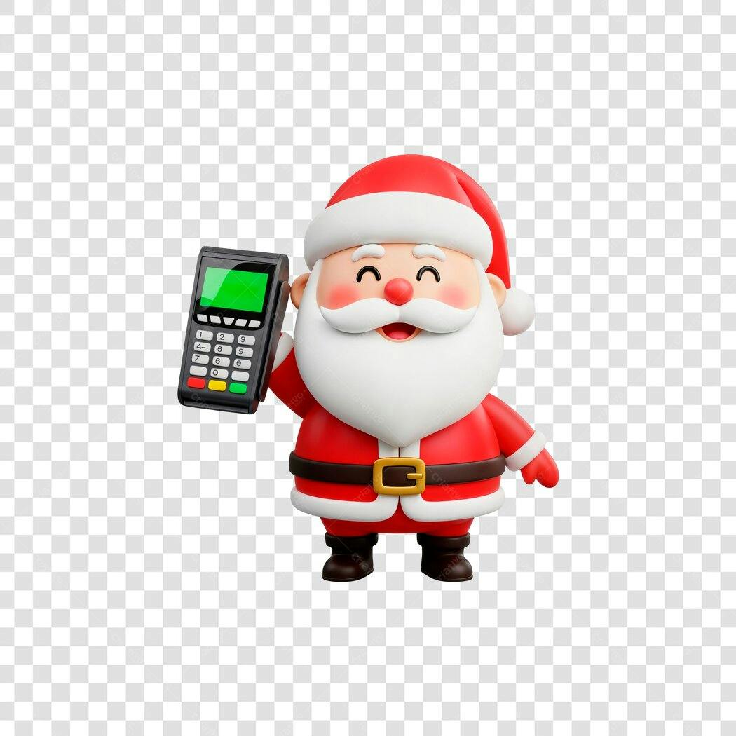 Elemento 3D Papai Noel feliz com maquininha de cartão Natal PNG com fundo transparente