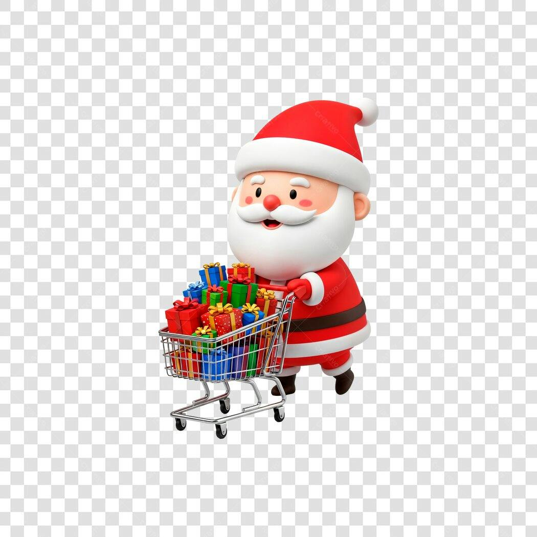 Ilustração 3D Papai Noel com Carrinho de Compras cheio de Presentes Natal PNG com fundo transparente