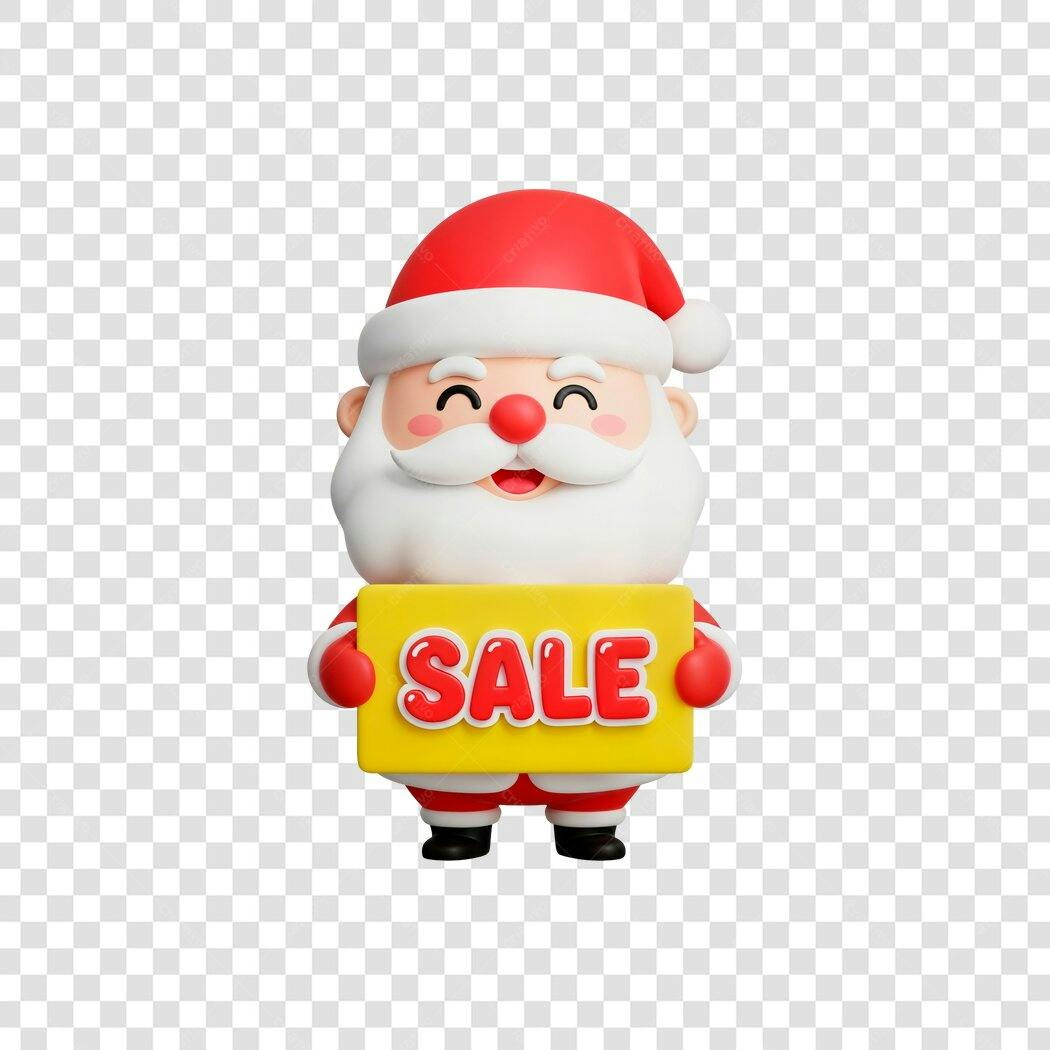 Personagem 3D Papai Noel Vermelho e Amarelo com placa SALE Natal PNG com fundo transparente