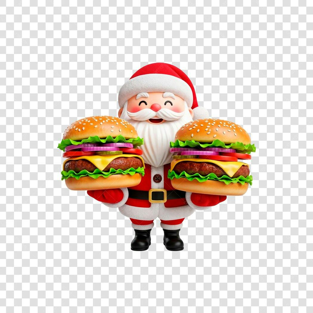 Post Mídias Sociais Papai Noel feliz com hambúrgueres Natal Fast Food PNG fundo transparente