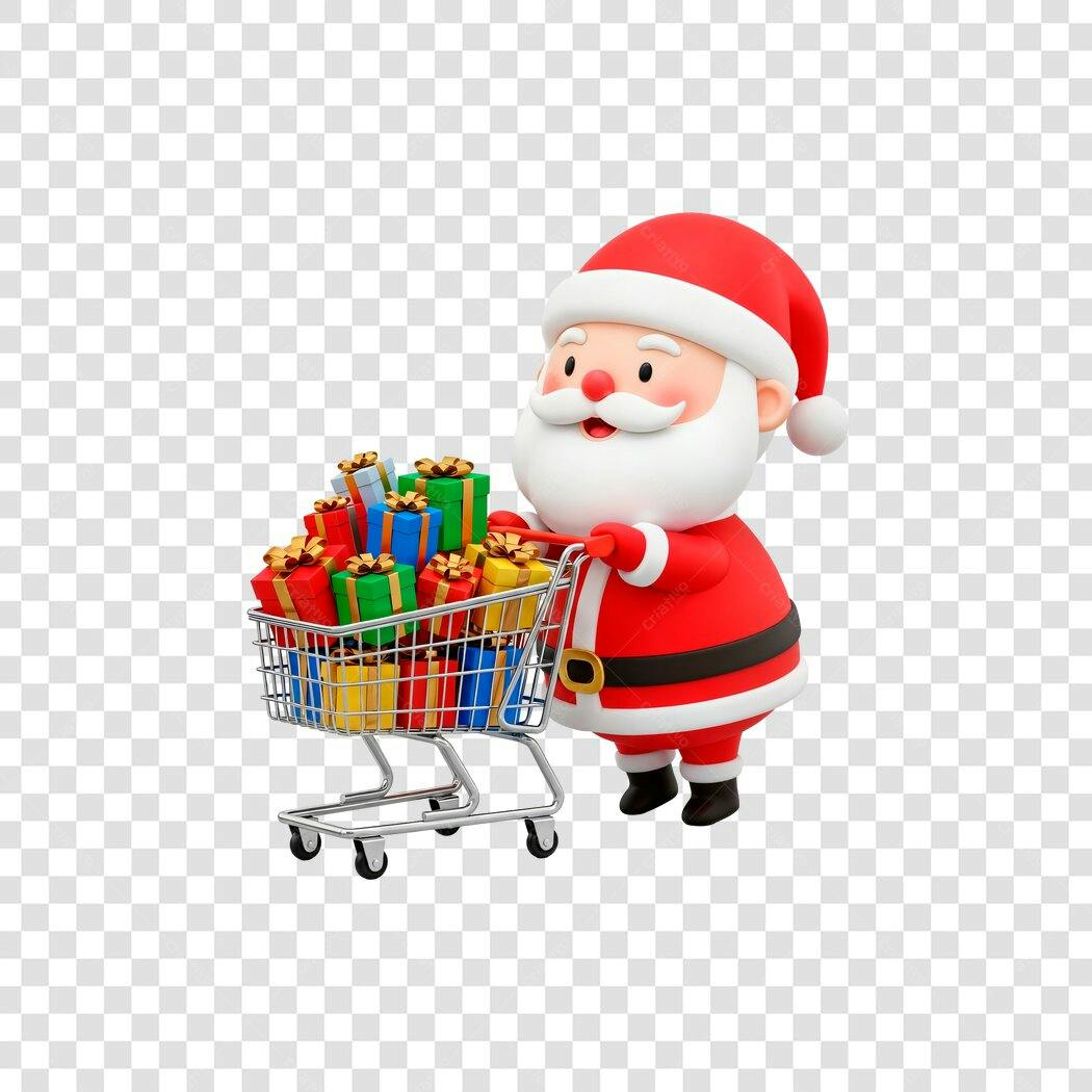 Ilustração Papai Noel compras natalinas carrinho presentes coloridos PNG com fundo transparente