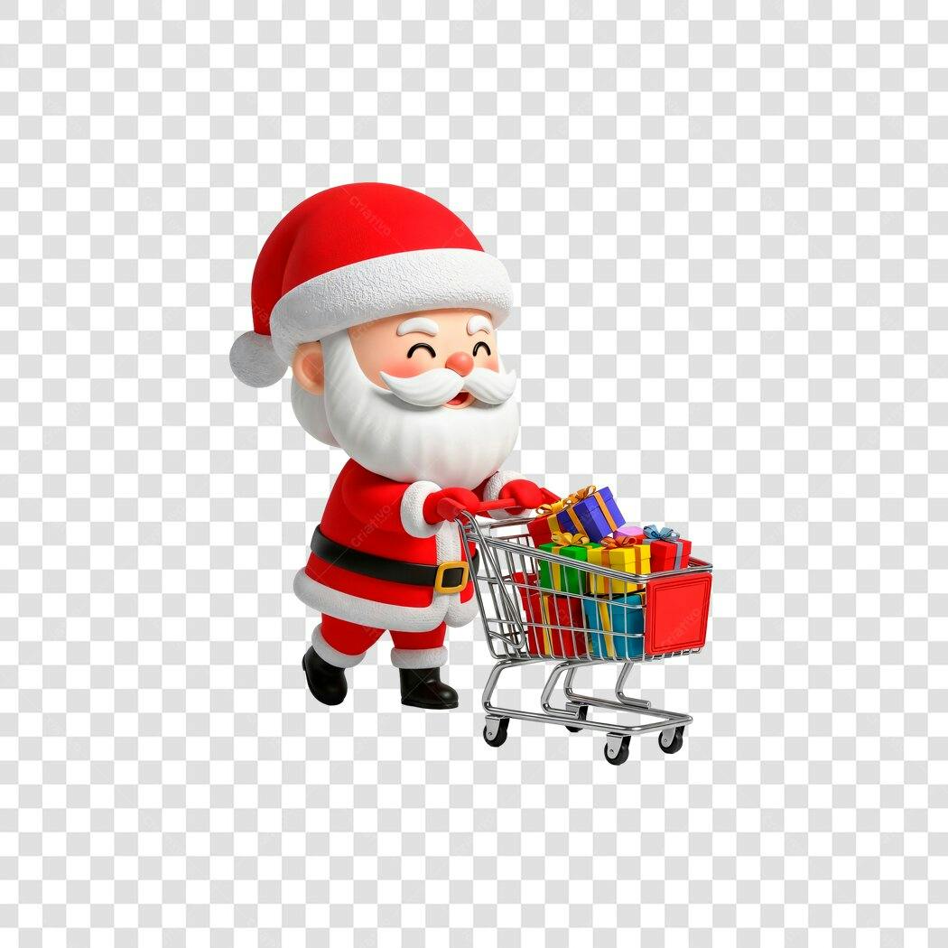 Personagem Papai Noel vermelho e branco com carrinho de compras de Natal PNG com fundo transparente