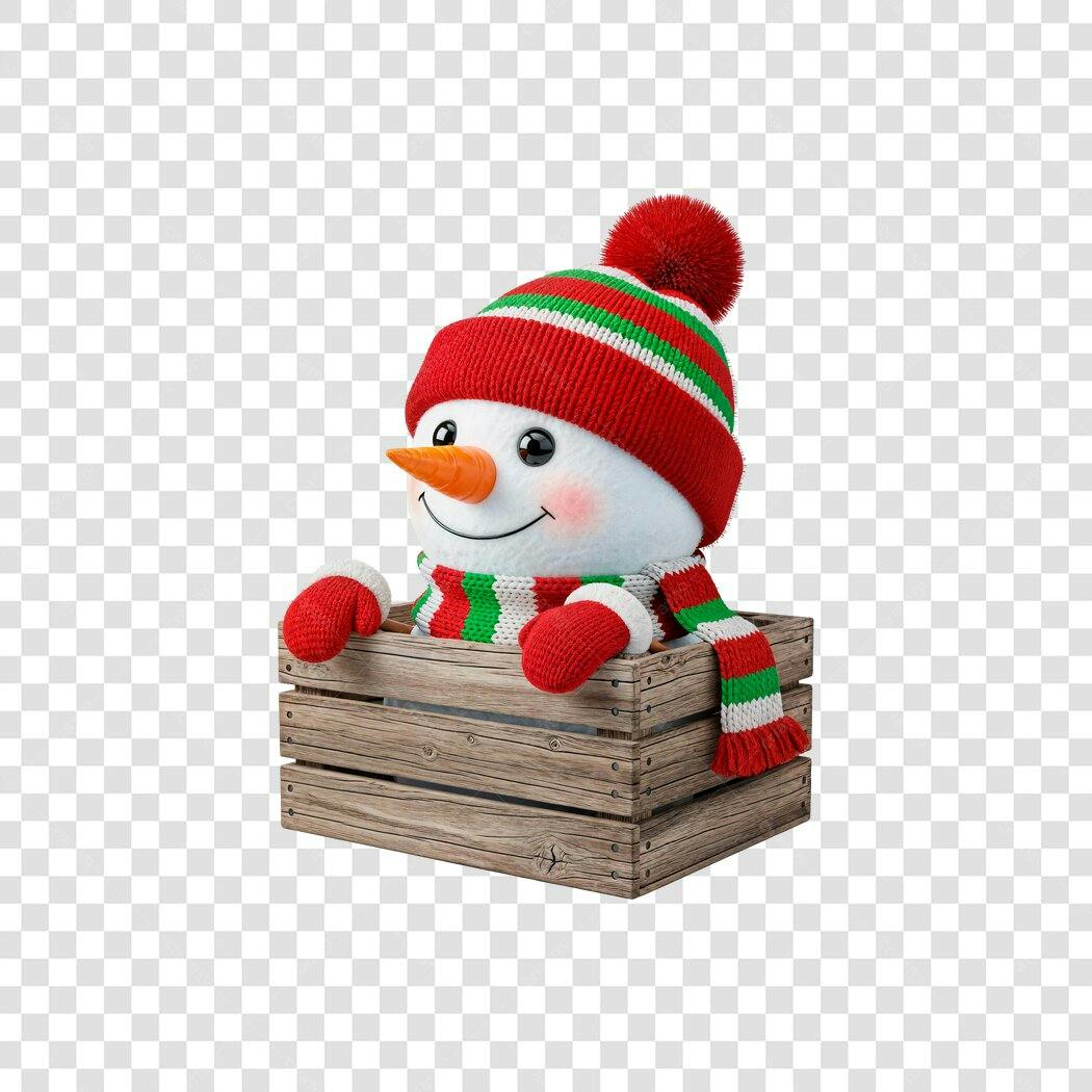 Ilustração Mascote Boneco de Neve Natalino Alegre Gorro Vermelho Verde Caixa PNG com fundo transparente