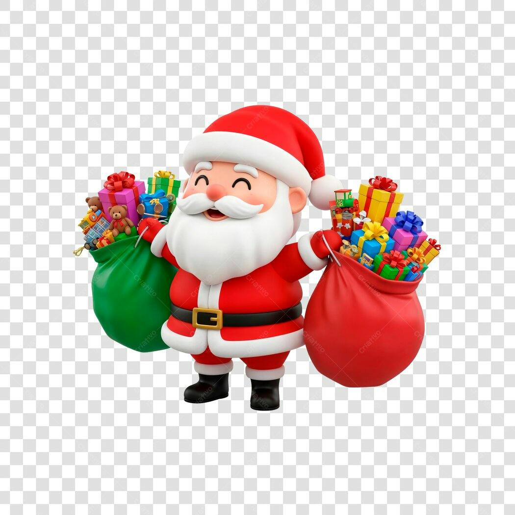 Ícone 3D Papai Noel alegre com sacos de presentes vermelhos e verdes Natal PNG com fundo transparente