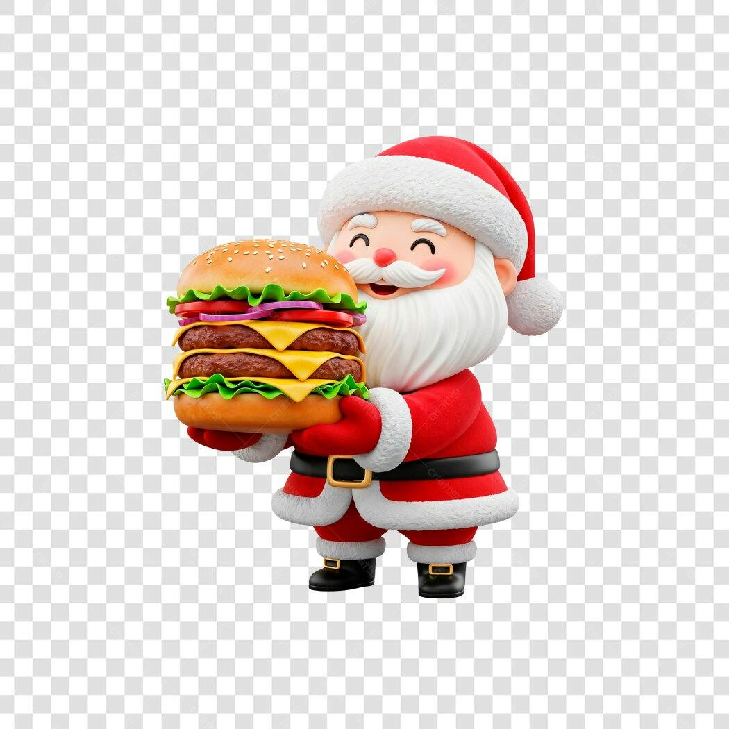Ilustração 3D Papai Noel feliz com hambúrguer gigante Natal PNG com fundo transparente
