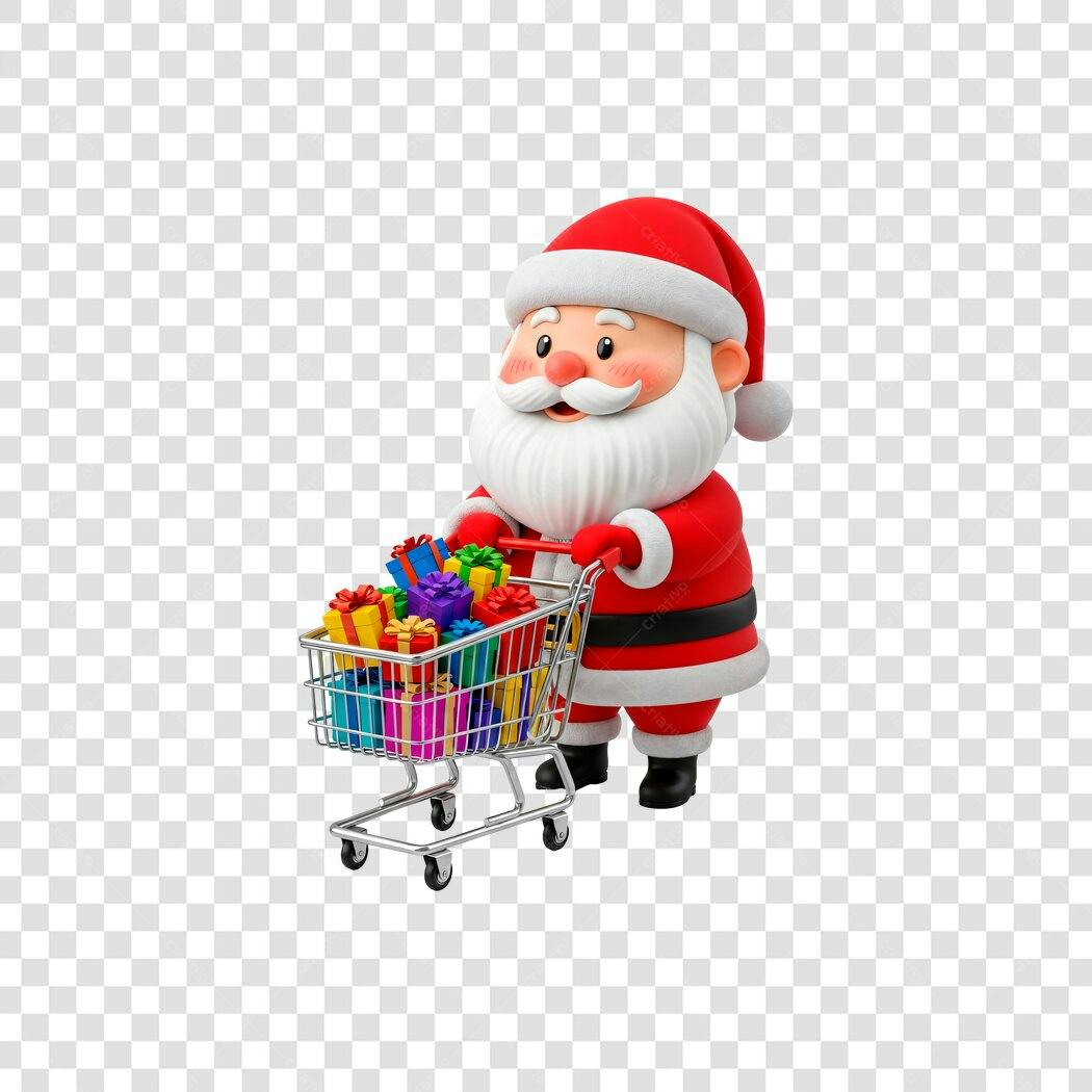 Ilustração 3D Papai Noel carrinho de compras com presentes Natal PNG com fundo transparente